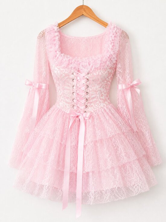 Dolls Kill Dresses & Skirts - Dolls Kill Pink Marie Antoinette Lace Bow Corset Fairy Coquette Costume Dress M